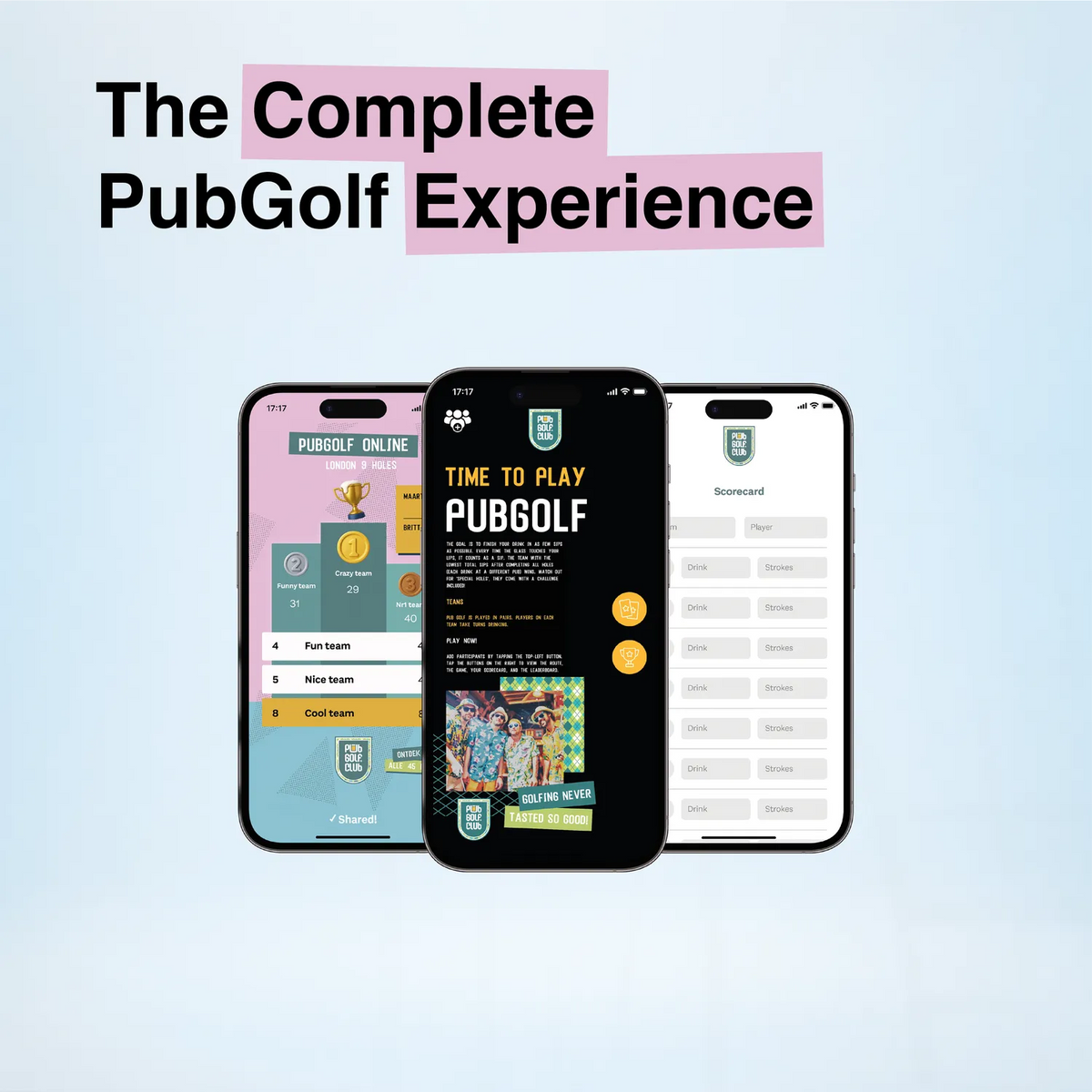 Five screens of the online pub golf scorecard side by side: route, map, game, rules and leaderboard