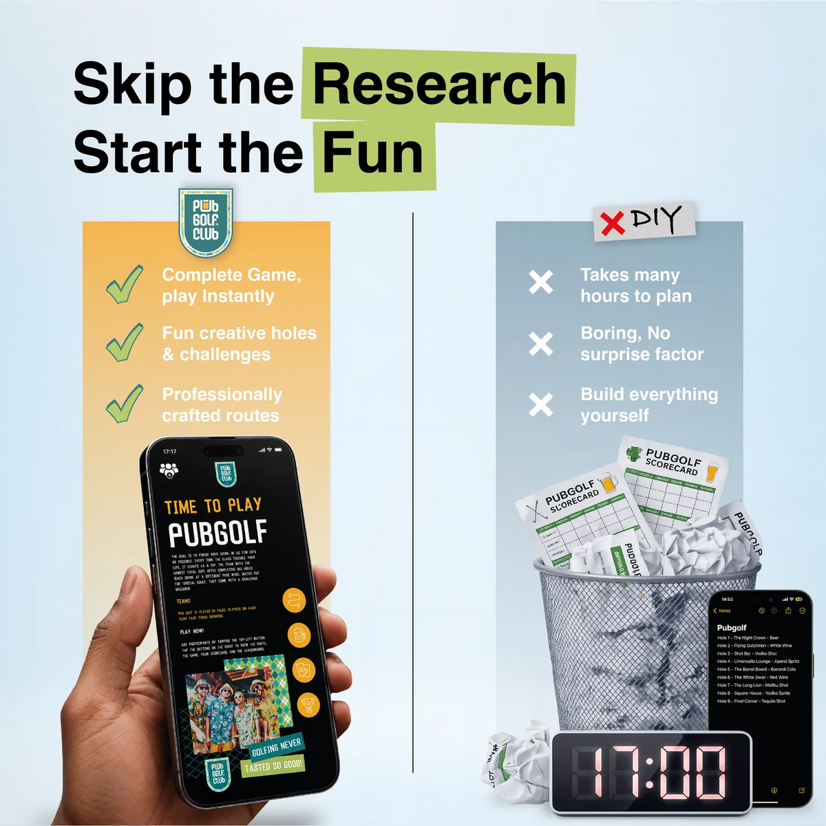 Pub golf ready to play compared with planning it yourself, creative holes and crafted routes against hours of work
