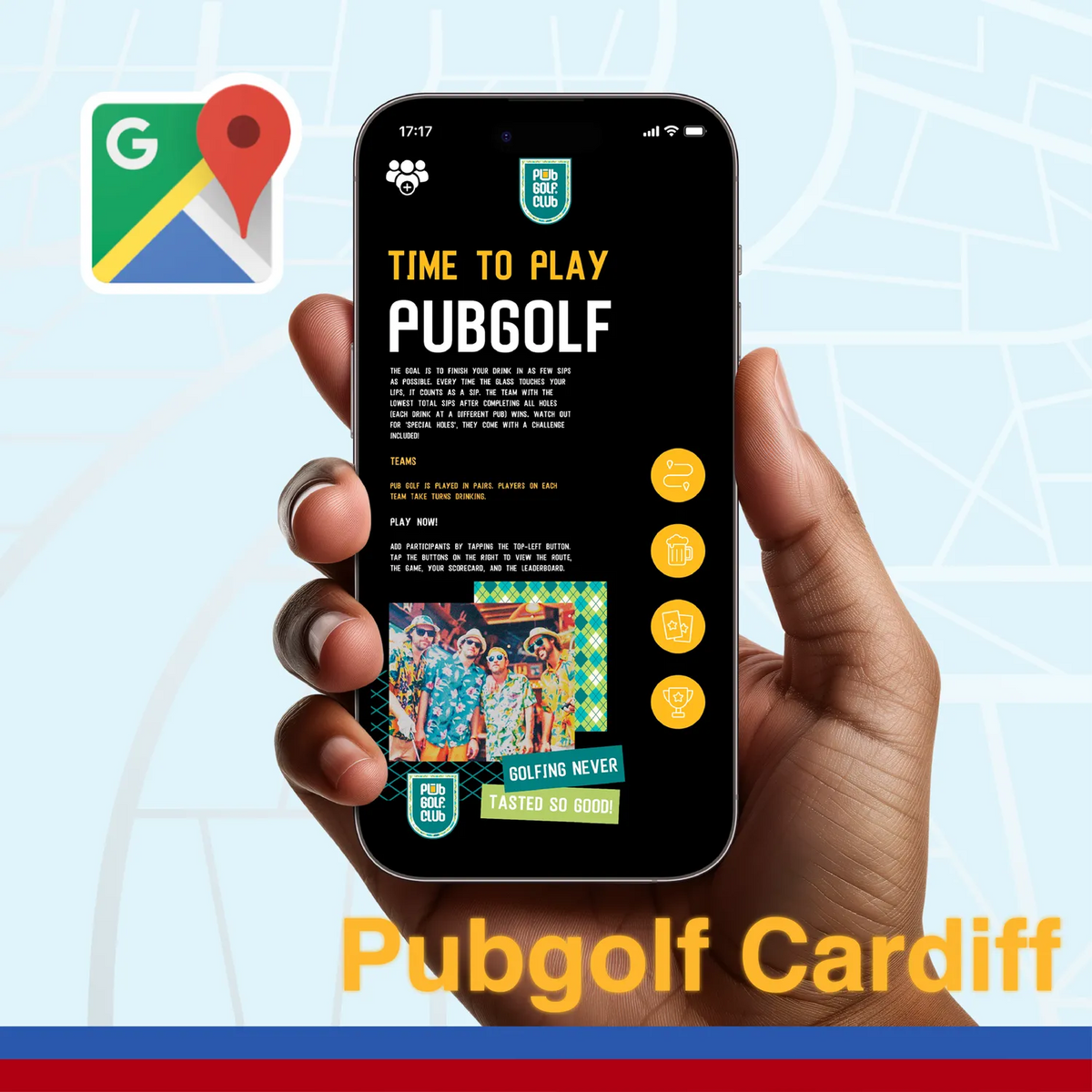 Pub golf Cardiff: the Pub Golf Club game open on a phone, ready to play the Cardiff pub crawl route in the browser