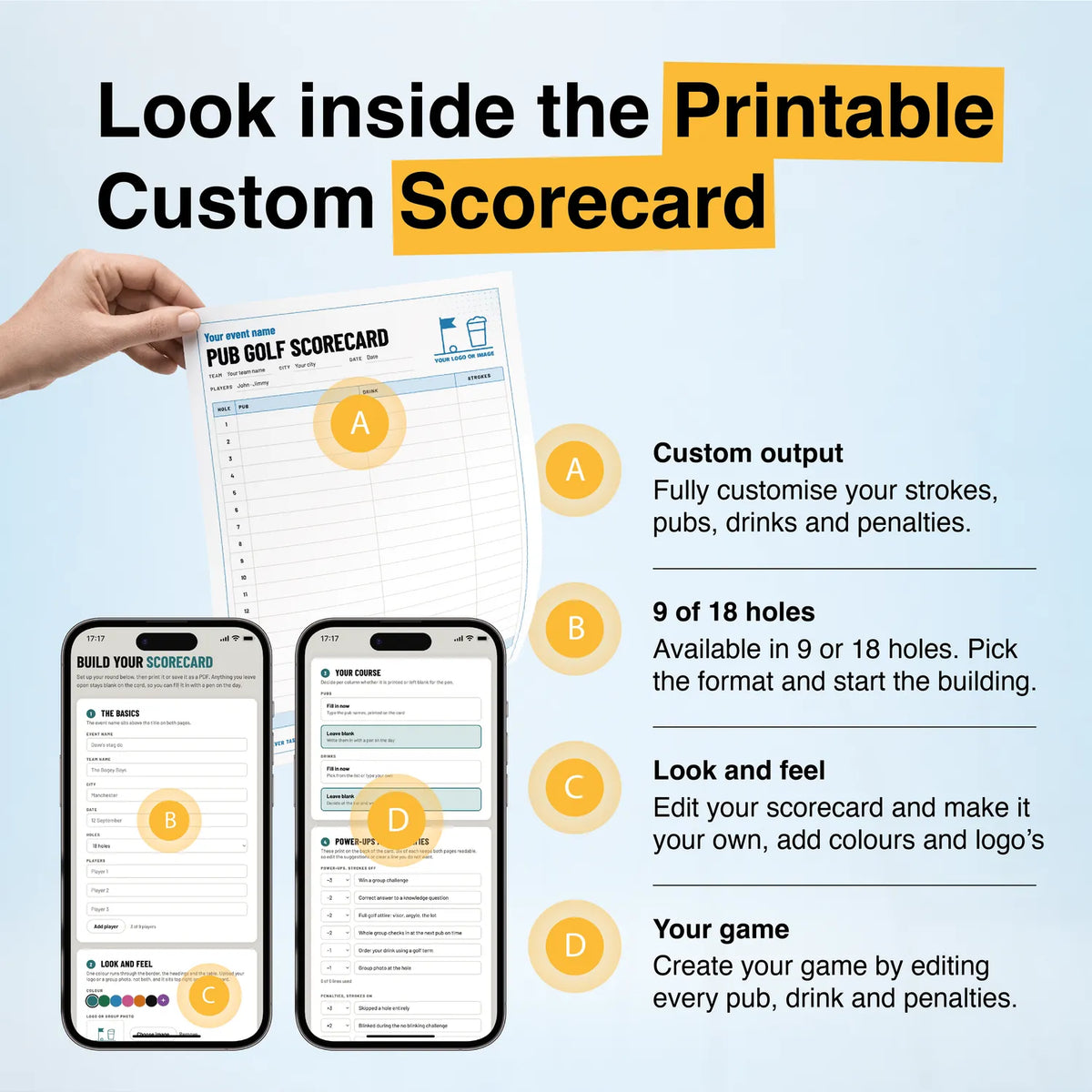 Inside the custom pub golf scorecard: your pubs, drinks, pars, power ups and penalties