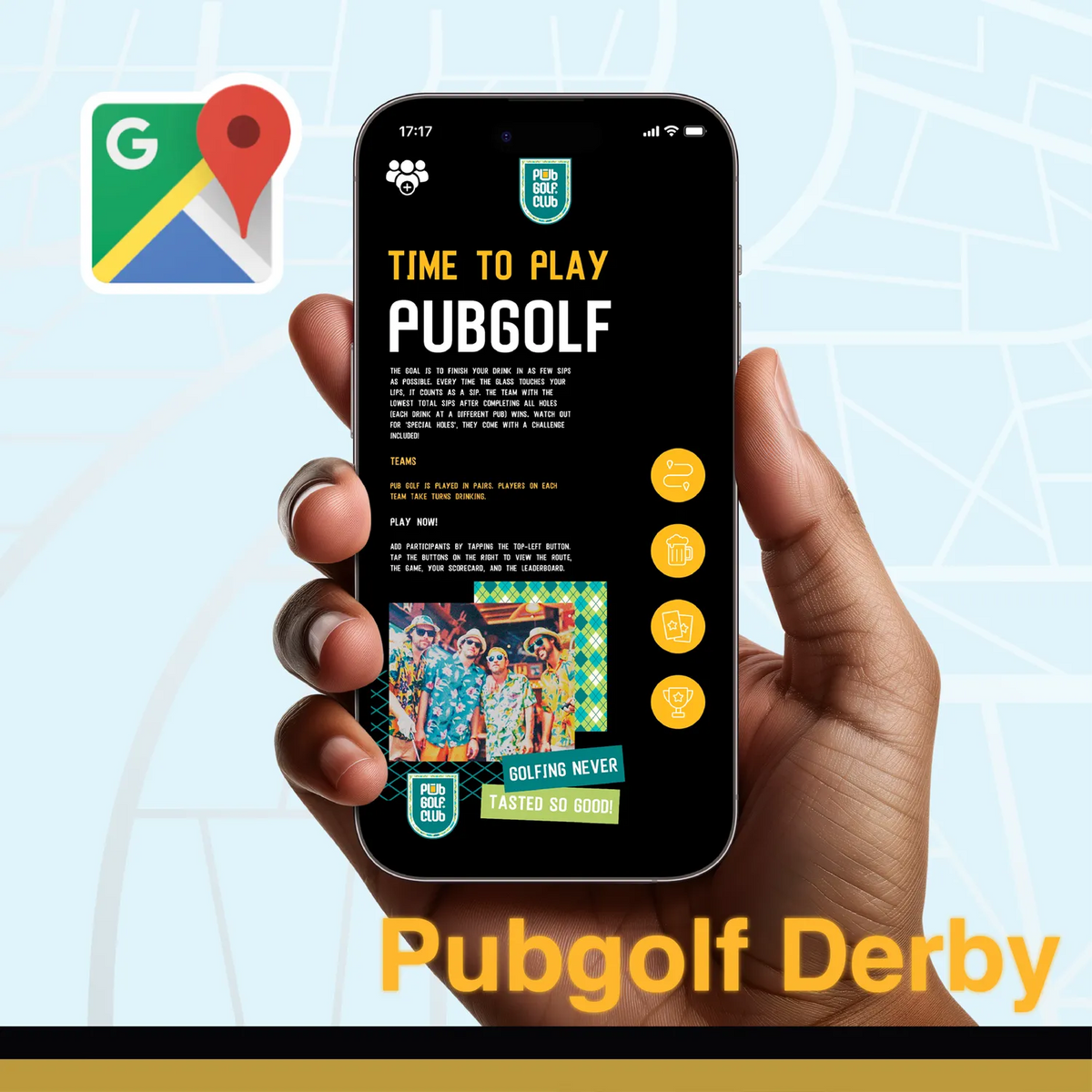 Pub golf Derby: the Pub Golf Club game open on a phone, ready to play the Derby pub crawl route in the browser
