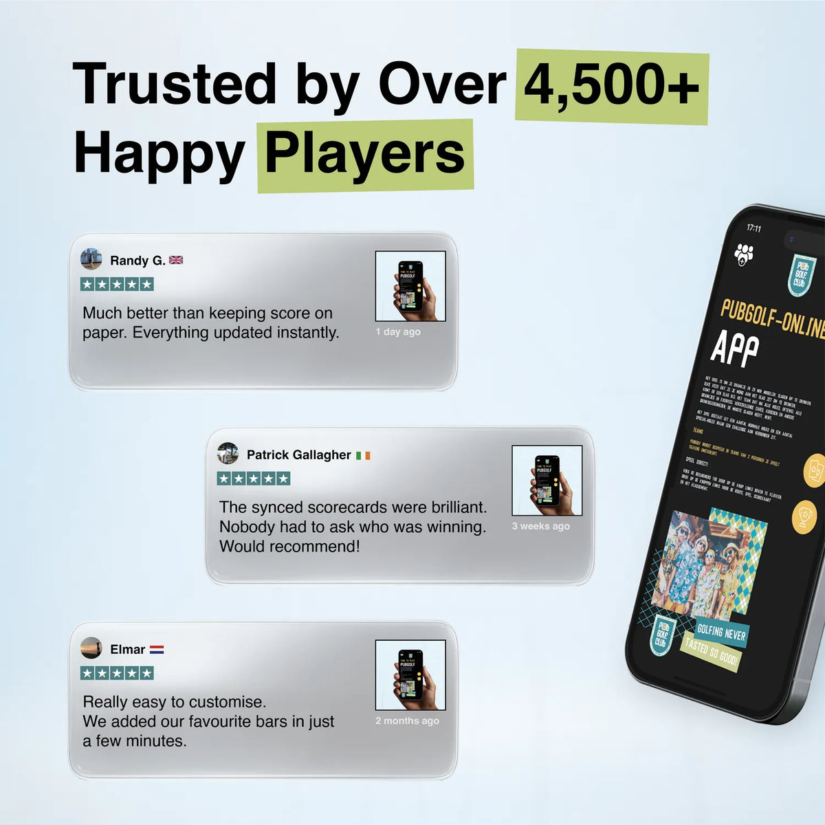 Trusted by over 4,500 players: five star reviews of the online pub golf scorecard