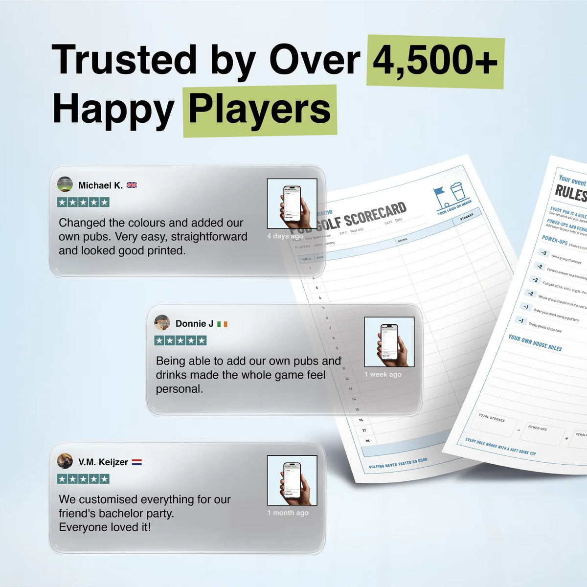 Trusted by over 4,500 players: five star reviews of the custom pub golf scorecard