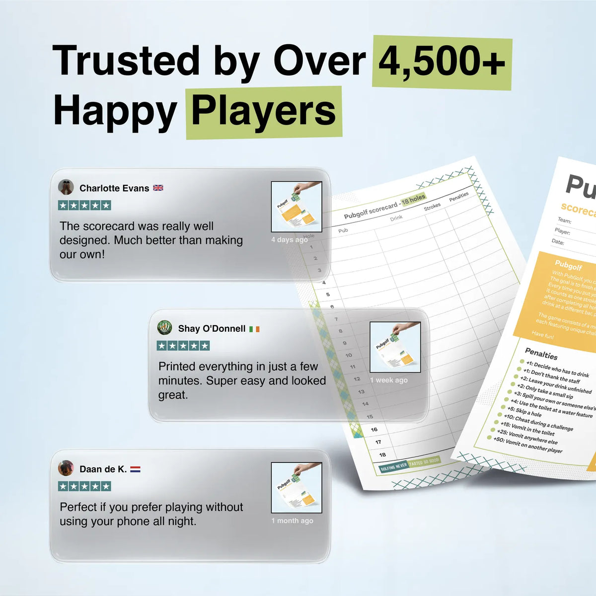 Trusted by over 4,500 players: five star reviews of the printable pub golf scorecard