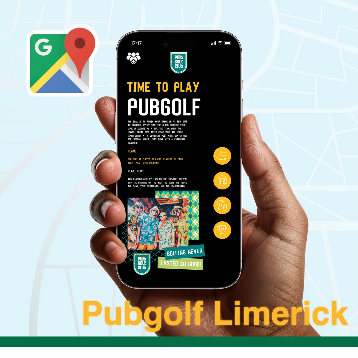 Pub golf Limerick: the Pub Golf Club game open on a phone, ready to play the Limerick pub crawl route in the browser
