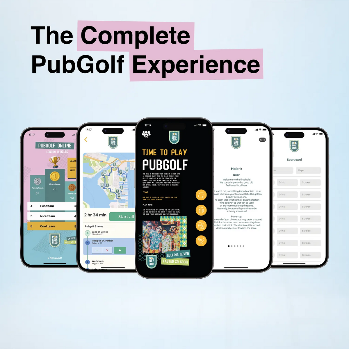 Five screens of the Pub Golf Club app side by side: route, map, game, rules and leaderboard