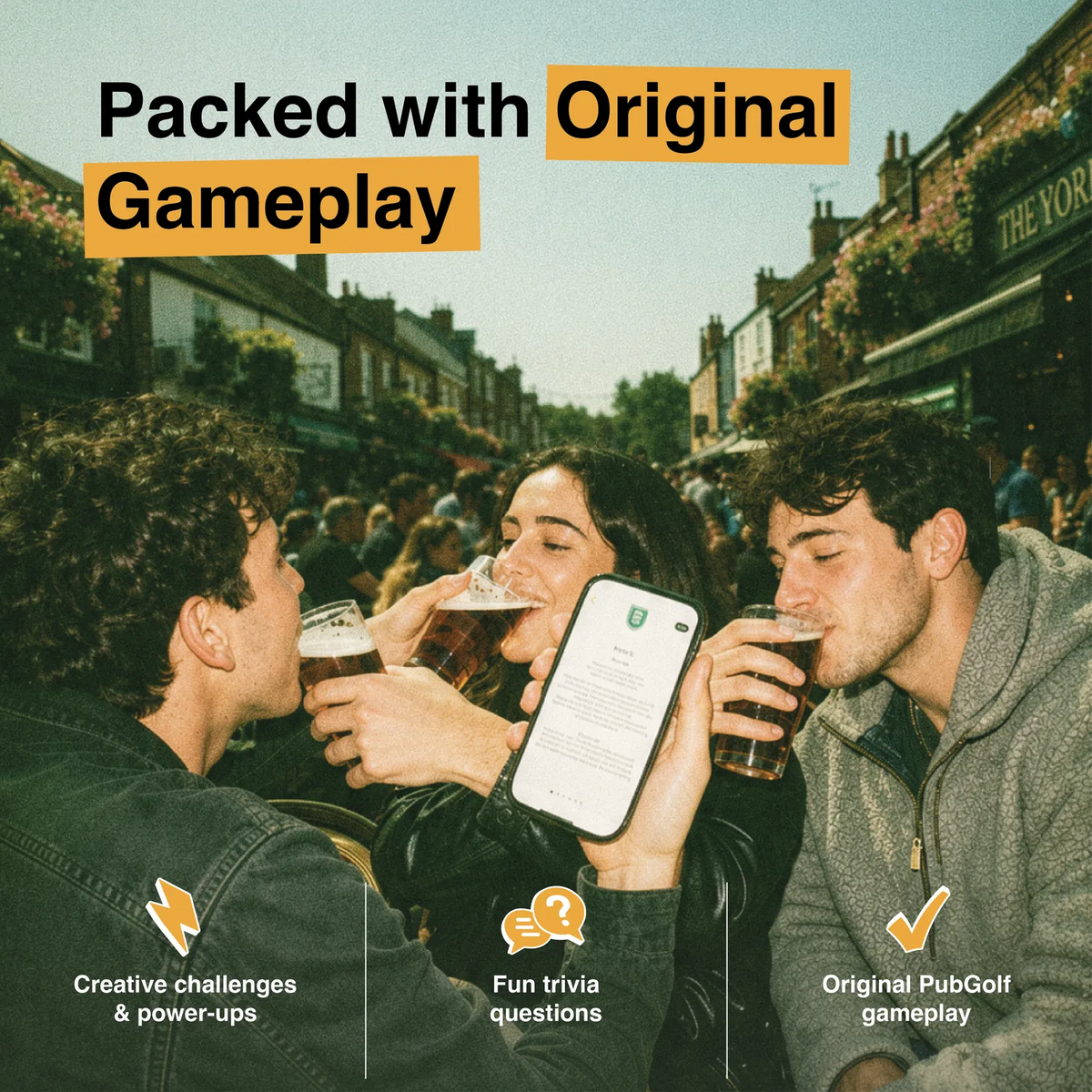 Original pub golf gameplay with creative challenges, power ups and trivia questions