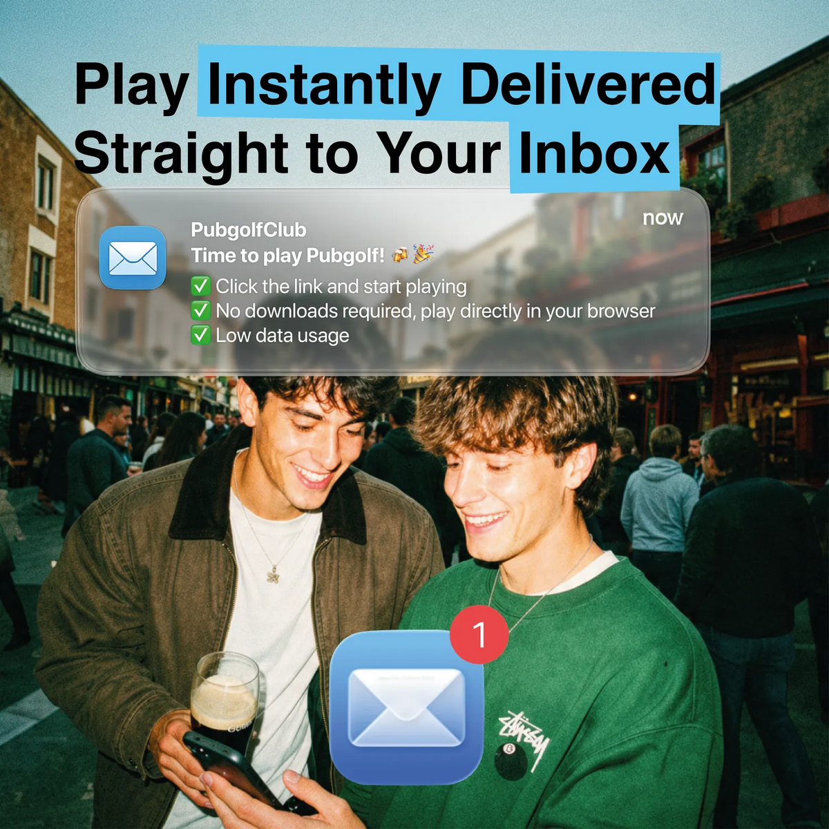 Pub golf link delivered straight to your inbox, click and start playing in your browser with no download
