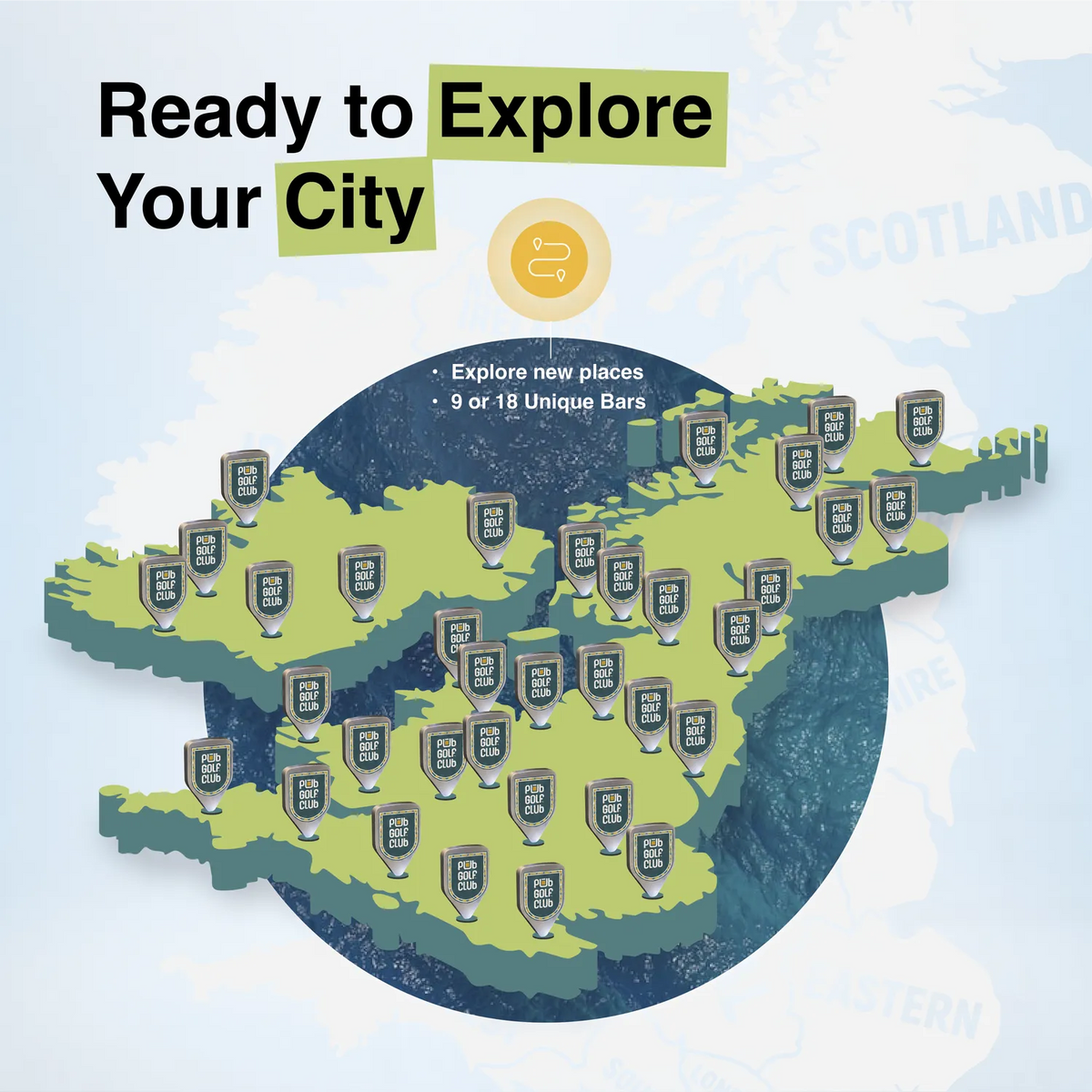 Pub golf routes across UK cities on a map, 9 or 18 unique bars per round