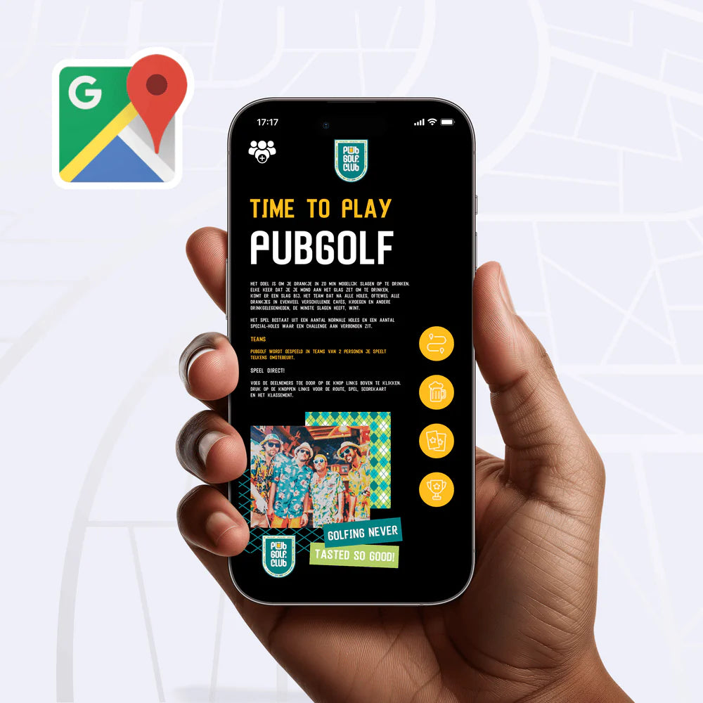 Pub Golf Club app home screen open on a phone, ready to play pub golf in the browser