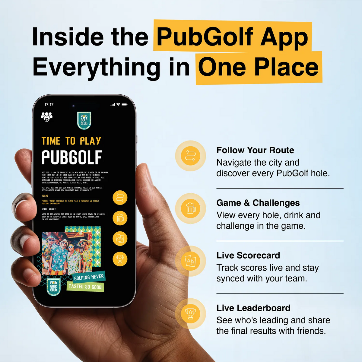 Inside the Pub Golf Club app: follow your route, game and challenges, live scorecard and live leaderboard