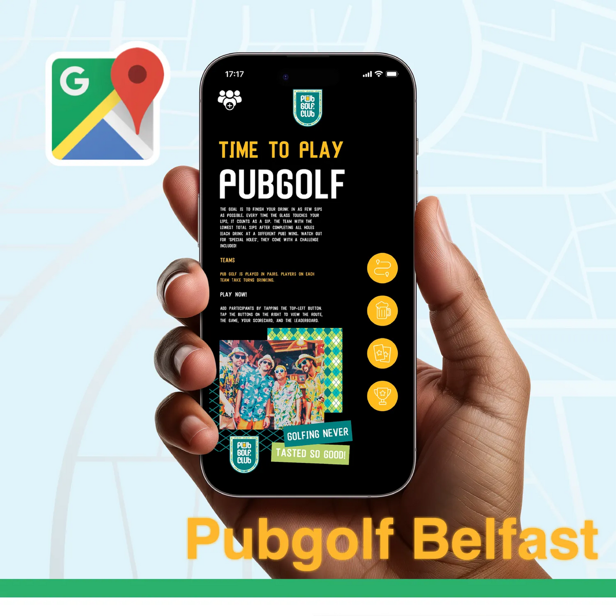 Pub golf Belfast: the Pub Golf Club game open on a phone, ready to play the Belfast pub crawl route in the browser