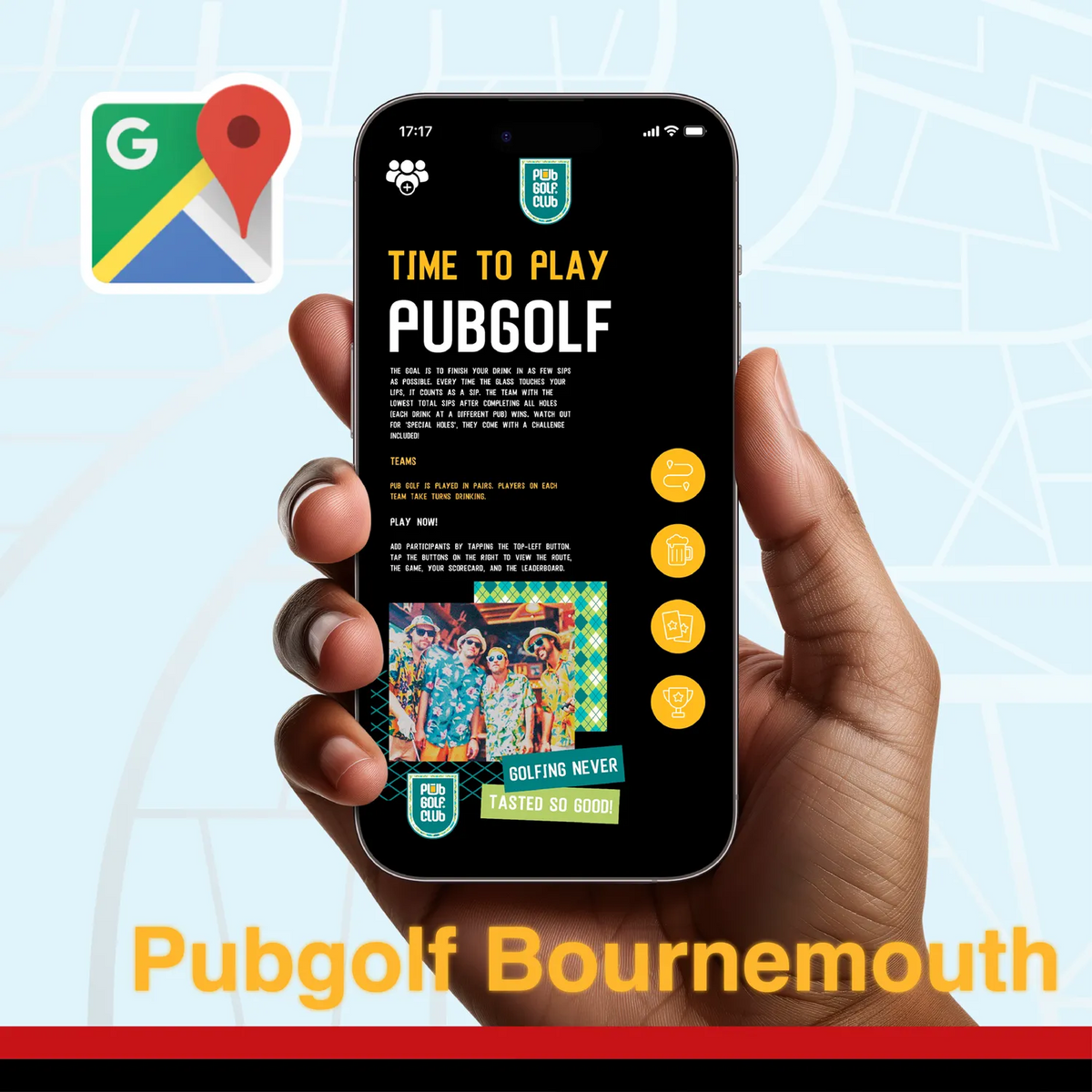 Pub golf Bournemouth: the Pub Golf Club game open on a phone, ready to play the Bournemouth pub crawl route in the browser