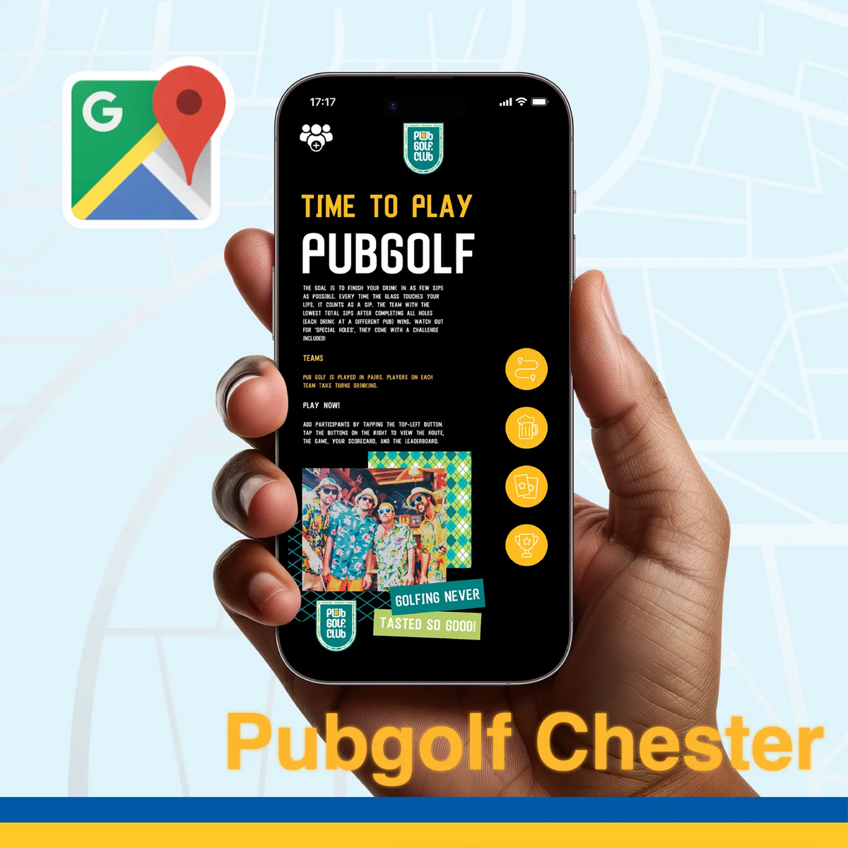 Pub golf Chester: the Pub Golf Club game open on a phone, ready to play the Chester pub crawl route in the browser