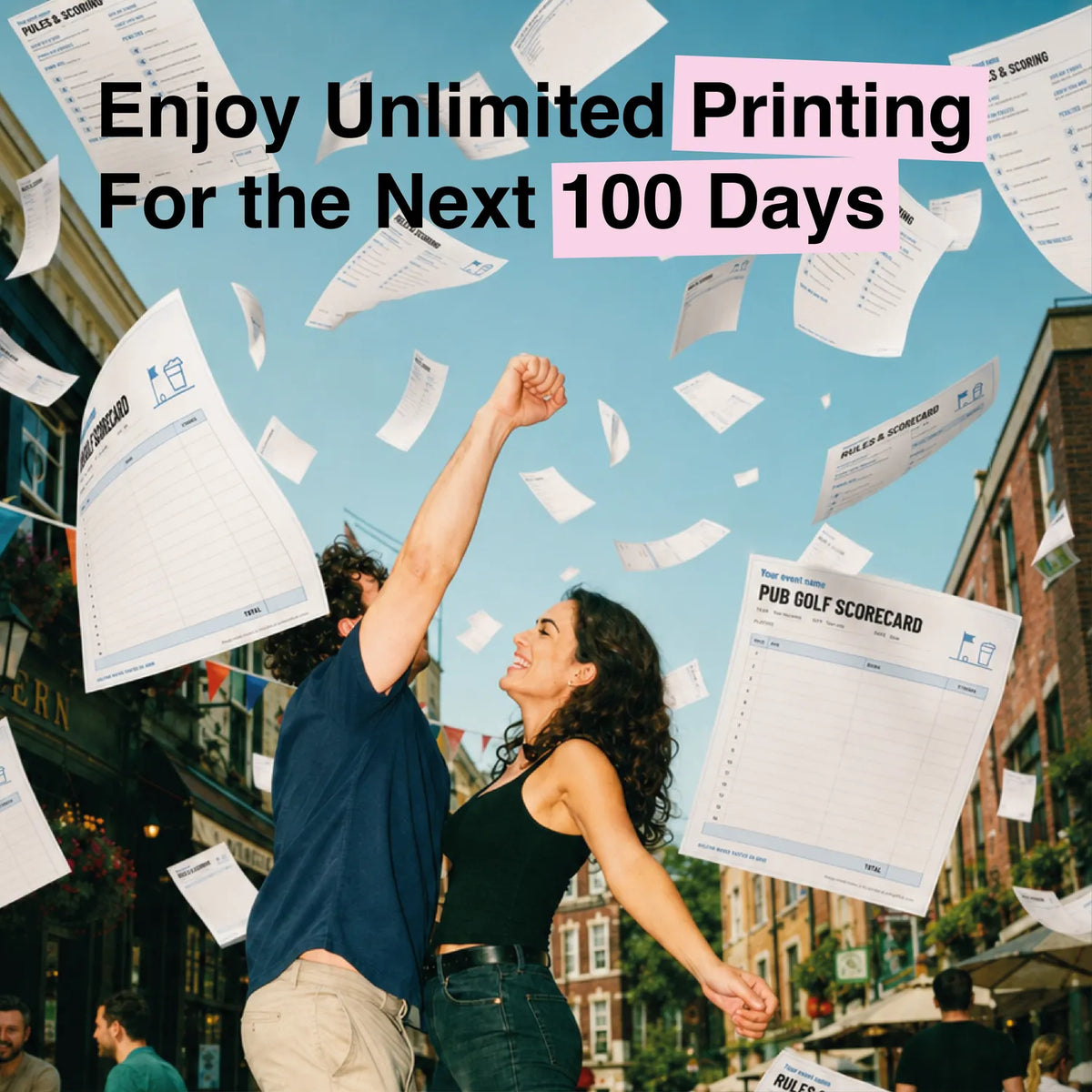 Enjoy unlimited printing of your custom pub golf scorecard for the next 100 days