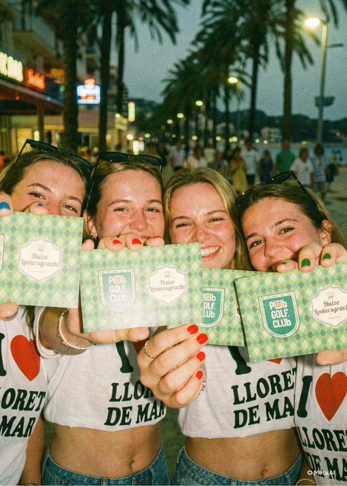 Group of friends holding up their custom printed Pub Golf Club scorecards on a night out