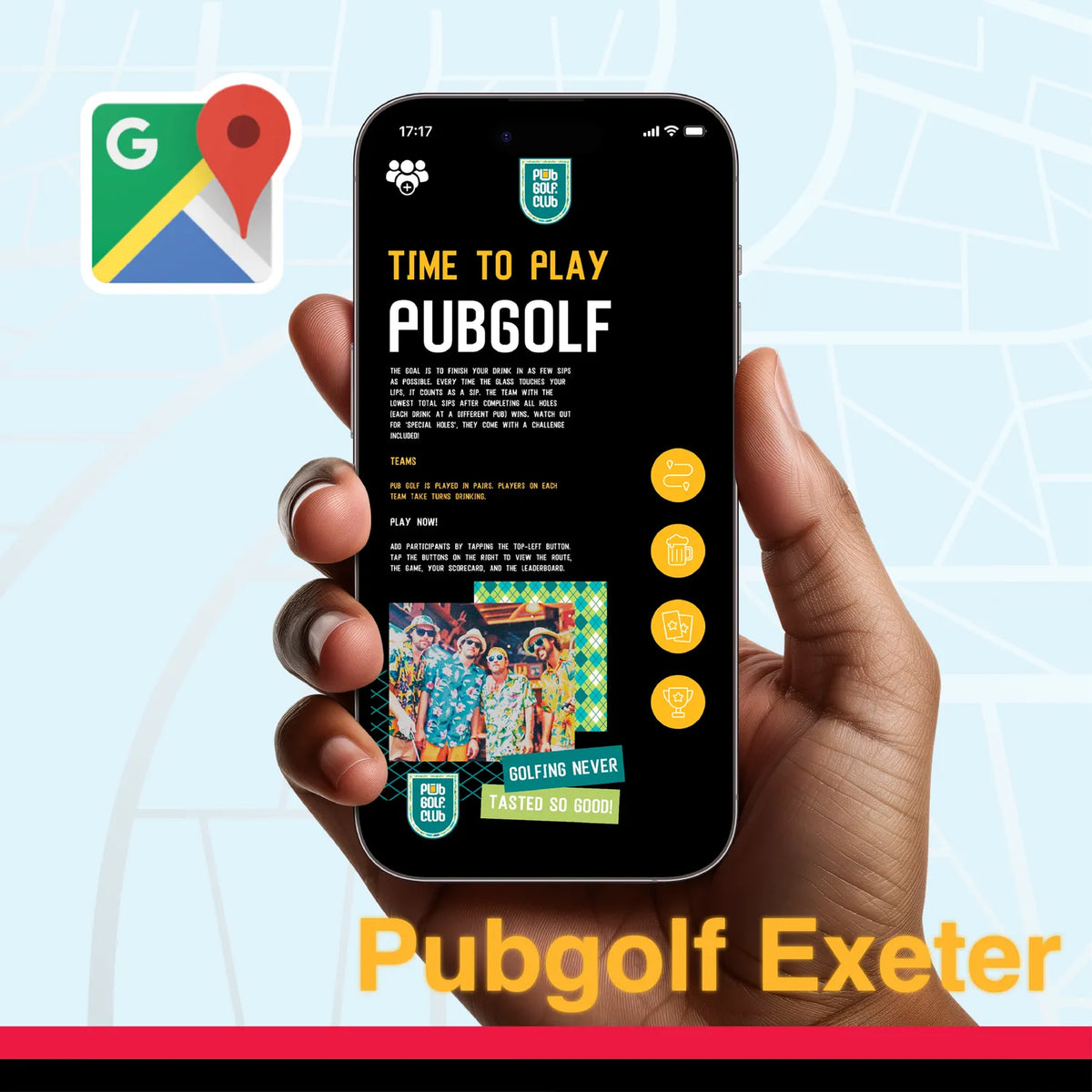 Pub golf Exeter: the Pub Golf Club game open on a phone, ready to play the Exeter pub crawl route in the browser