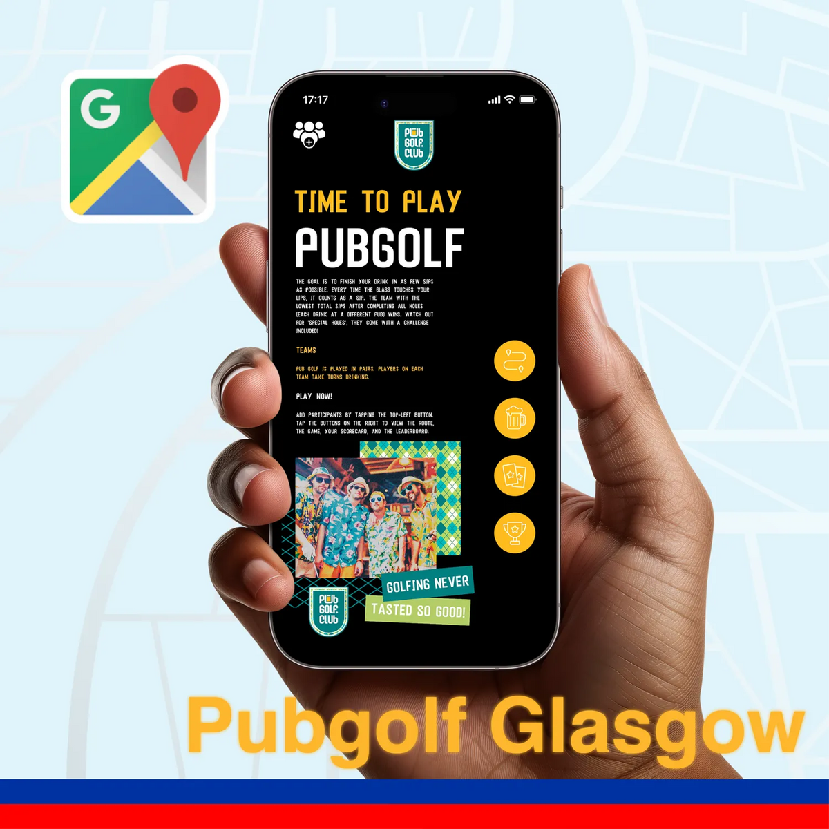 Pub golf Glasgow: the Pub Golf Club game open on a phone, ready to play the Glasgow pub crawl route in the browser