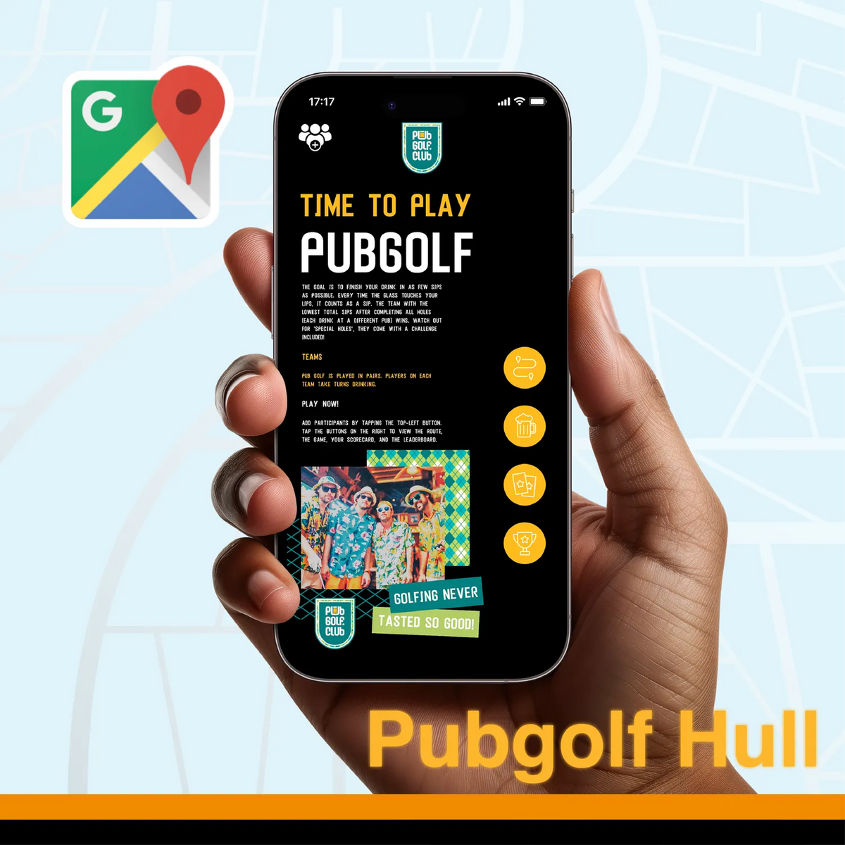Pub golf Hull: the Pub Golf Club game open on a phone, ready to play the Hull pub crawl route in the browser