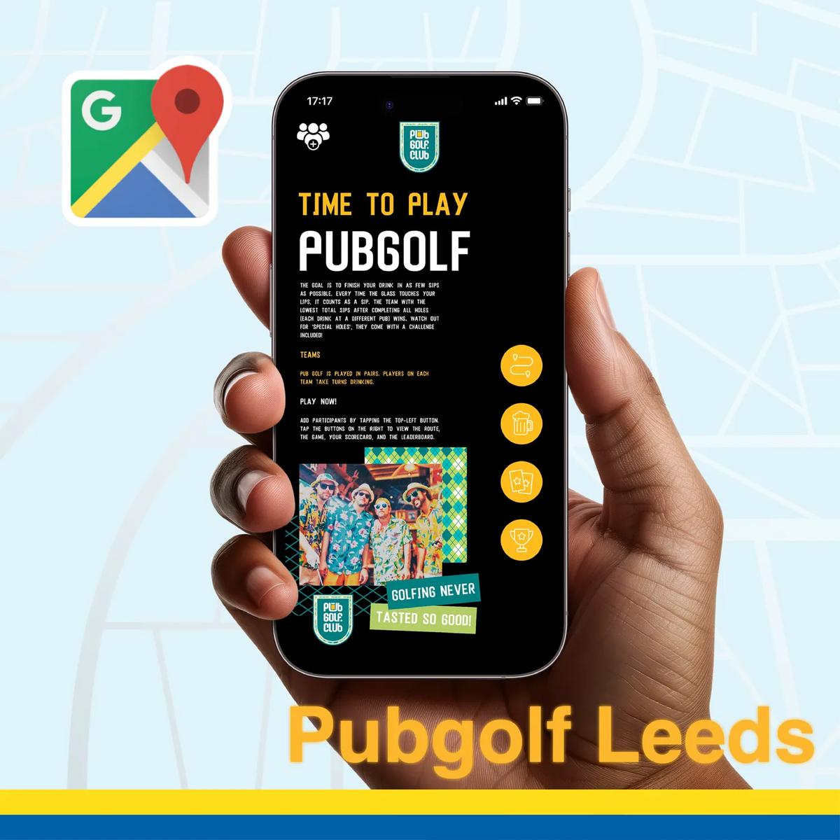Pub golf Leeds: the Pub Golf Club game open on a phone, ready to play the Leeds pub crawl route in the browser