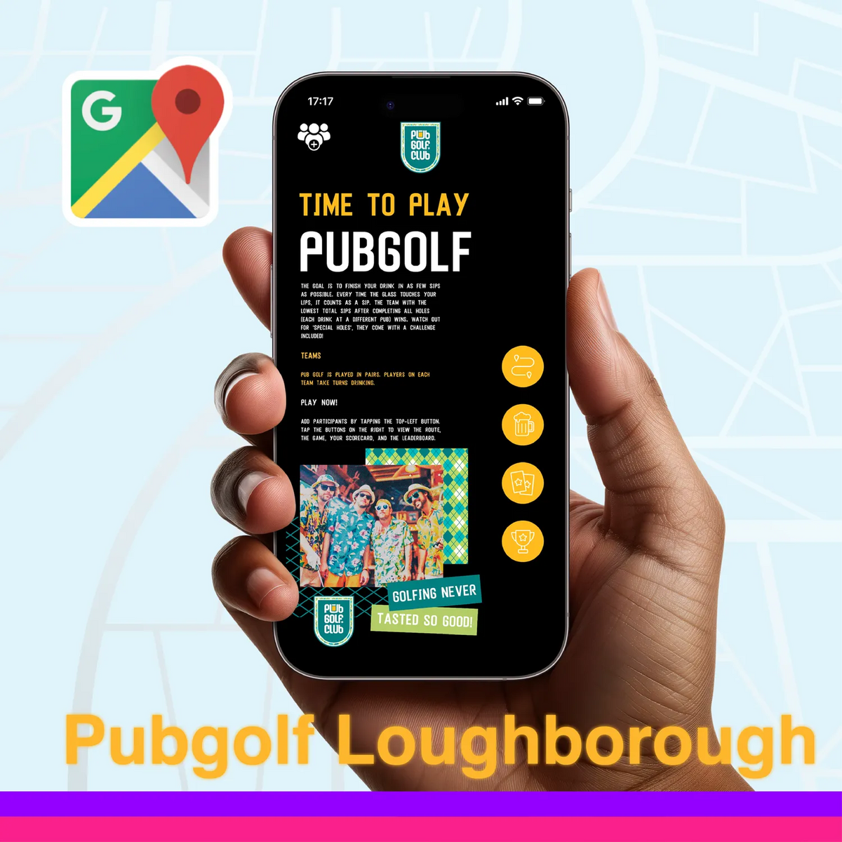 Pub golf Loughborough: the Pub Golf Club game open on a phone, ready to play the Loughborough pub crawl route in the browser
