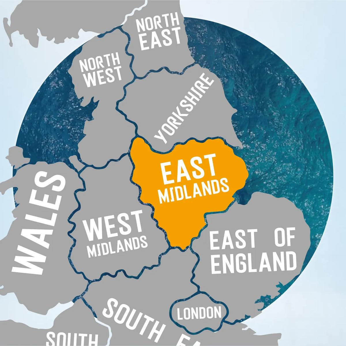 Map of the UK with the East Midlands highlighted, home to pub golf routes in Nottingham, Leicester and Derby