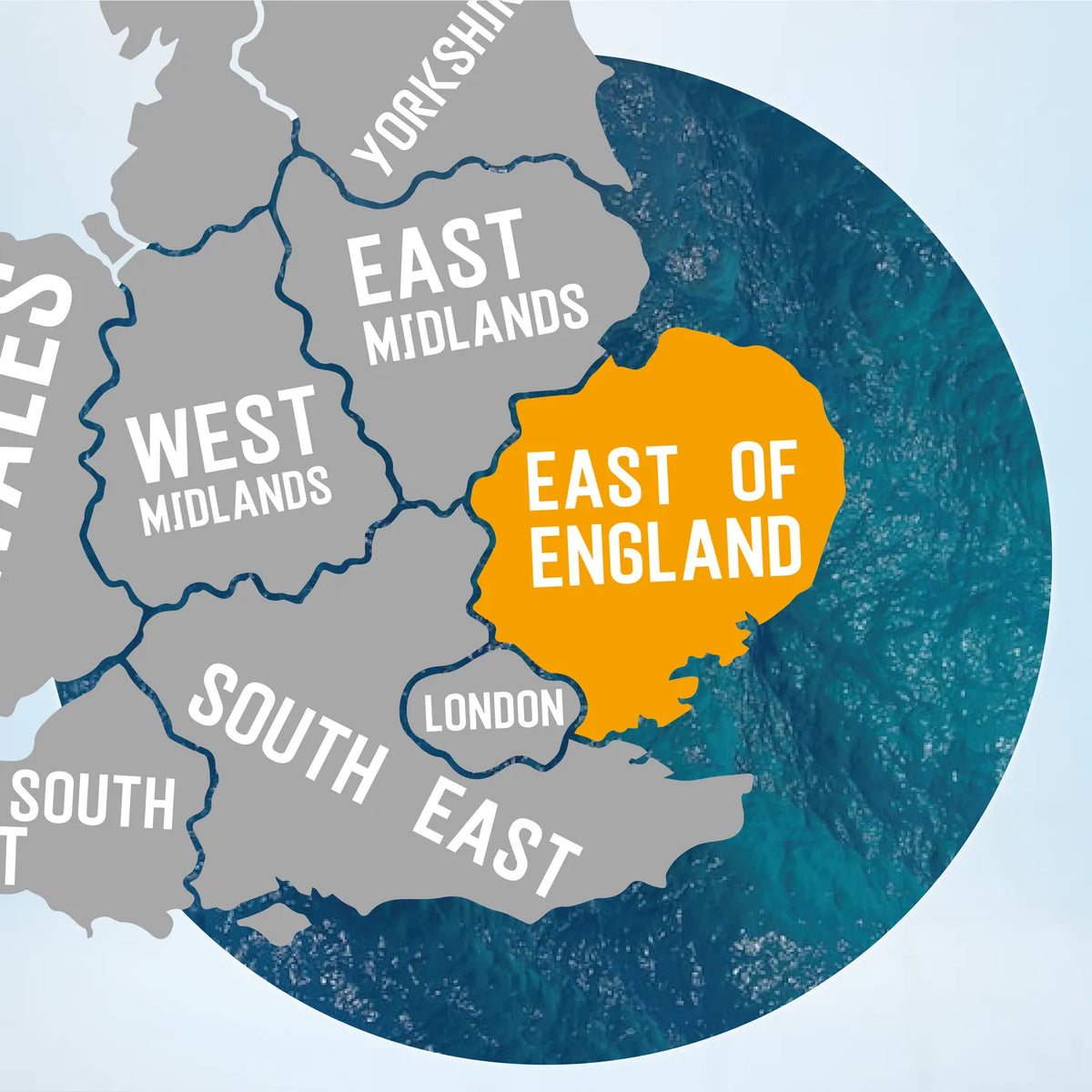 Map of the UK with the East of England highlighted, home to pub golf routes in Cambridge, Norwich, Ipswich and Luton