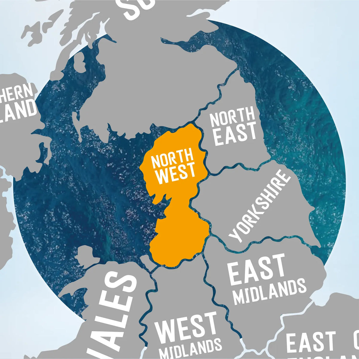 Map of the UK with the North West highlighted, home to pub golf routes in Manchester, Liverpool, Chester and Preston