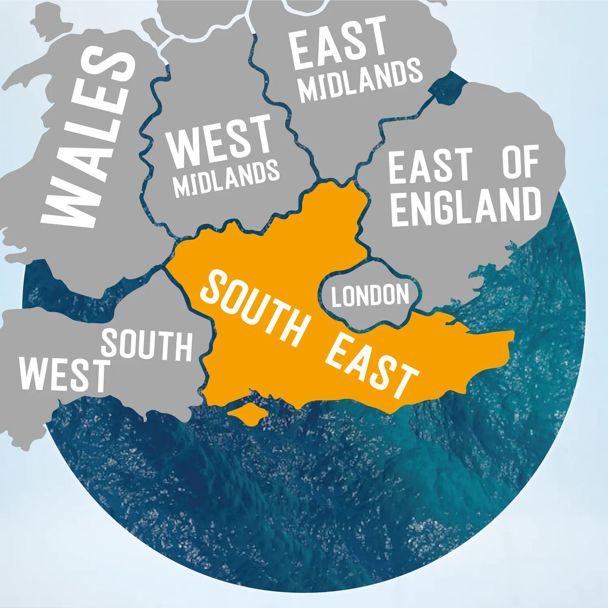 Map of the UK with the South East highlighted, home to pub golf routes in Brighton, Oxford, Reading and Canterbury