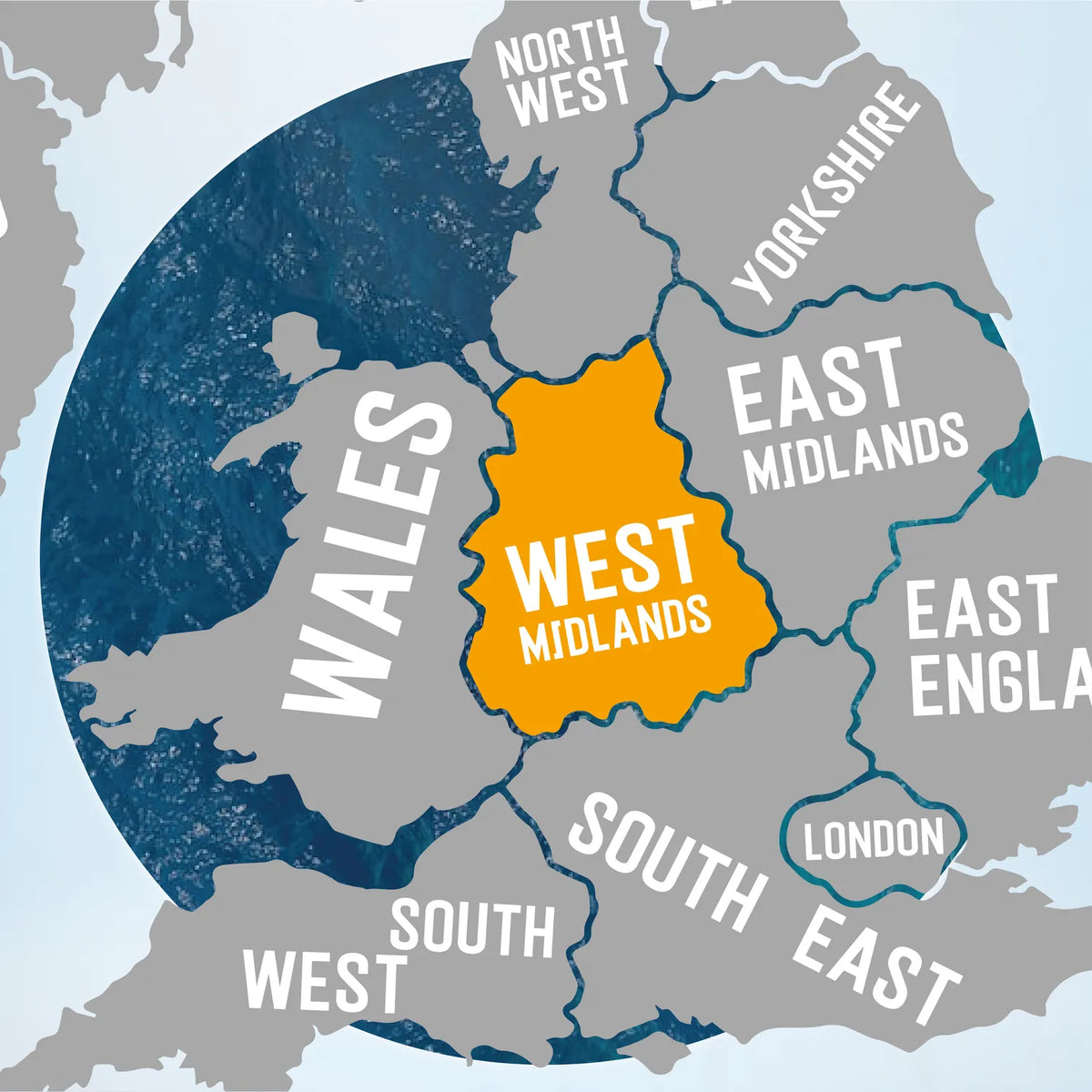 Map of the UK with the West Midlands highlighted, home to pub golf routes in Birmingham, Coventry and Wolverhampton