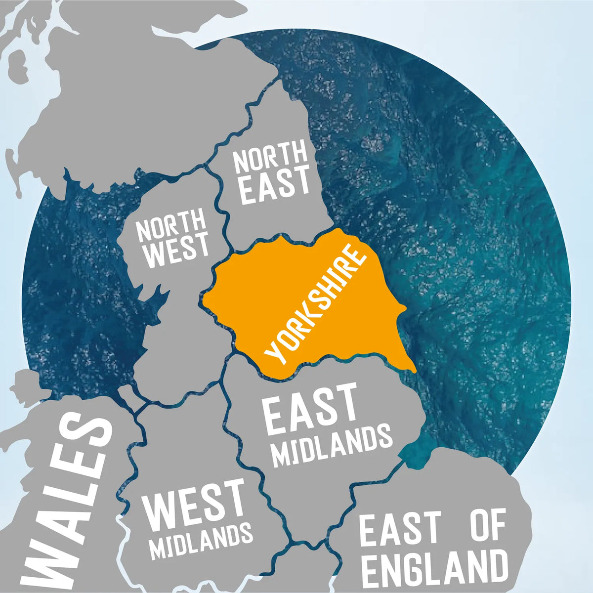 Map of the UK with Yorkshire highlighted, home to pub golf routes in Leeds, Sheffield, York, Bradford and Hull