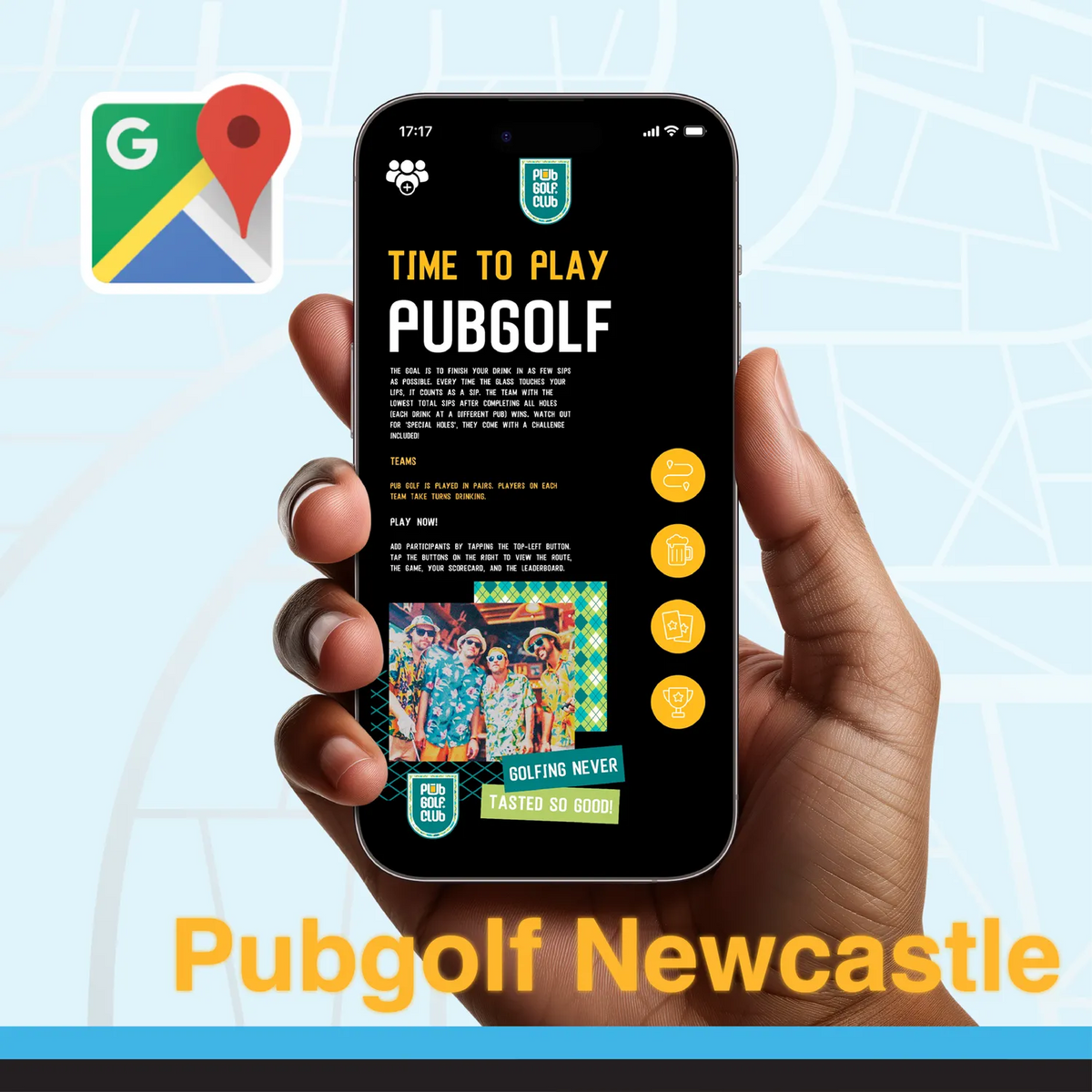 Pub golf Newcastle: the Pub Golf Club game open on a phone, ready to play the Newcastle pub crawl route in the browser