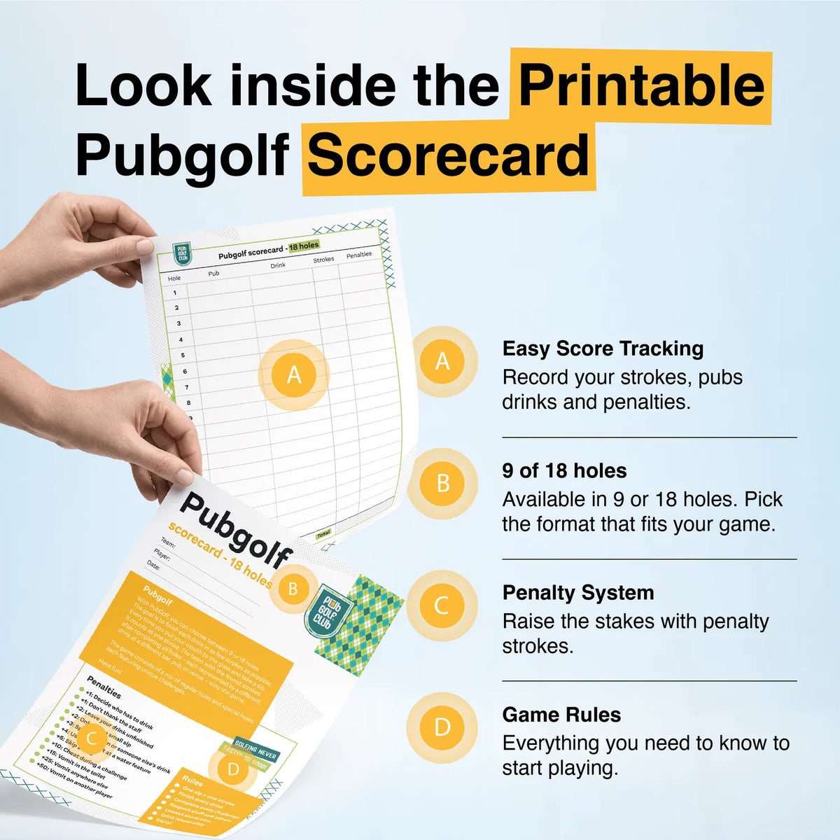 Inside the printable pub golf scorecard: every hole with its pub, drink, par and strokes