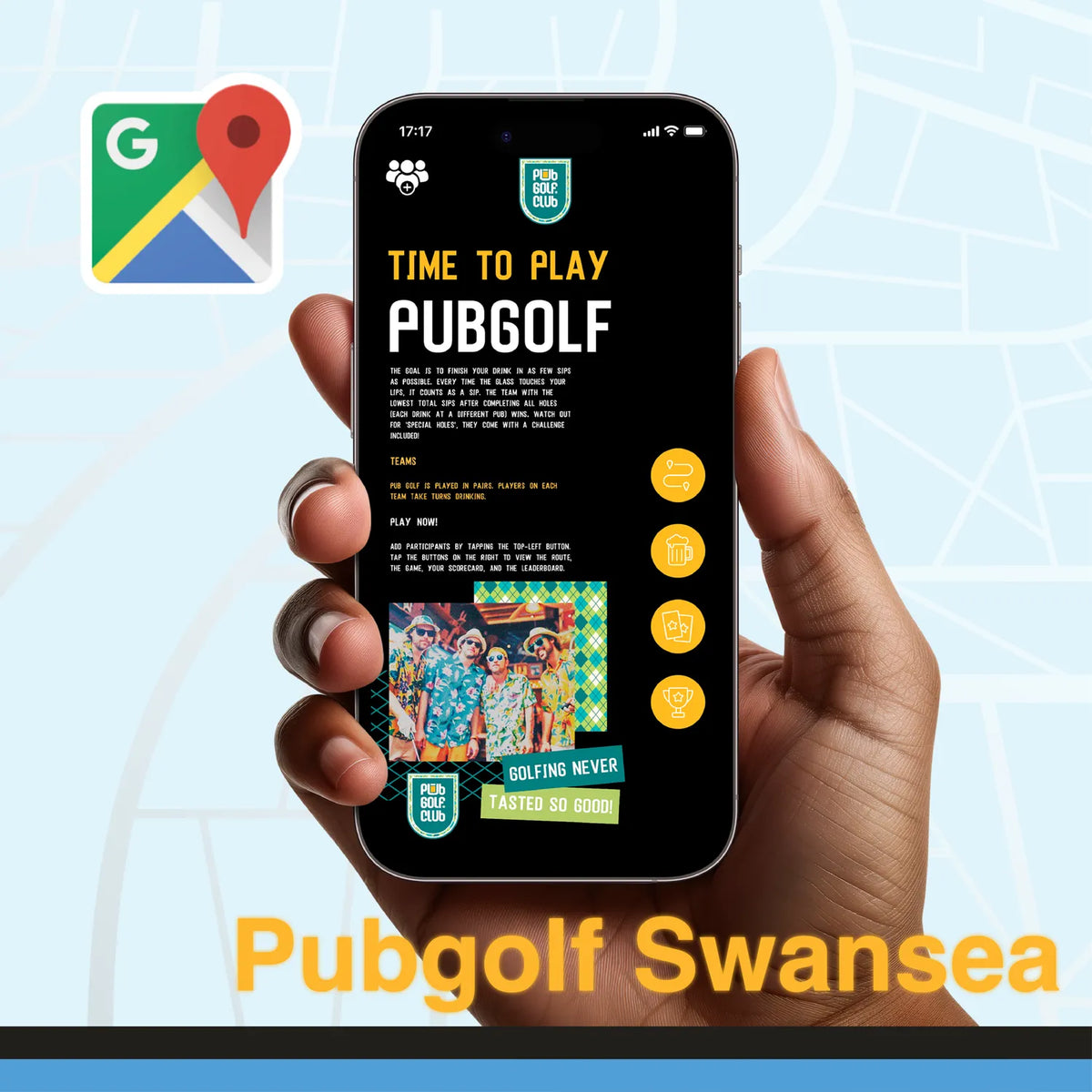 Pub golf Swansea: the Pub Golf Club game open on a phone, ready to play the Swansea pub crawl route in the browser