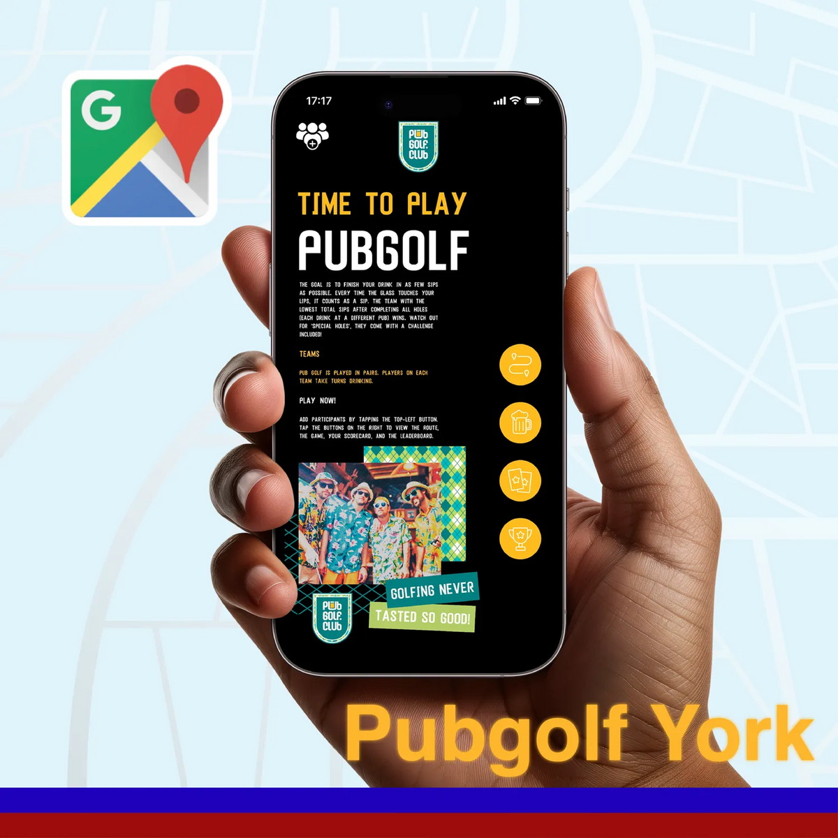 Pub golf York: the Pub Golf Club game open on a phone, ready to play the York pub crawl route in the browser
